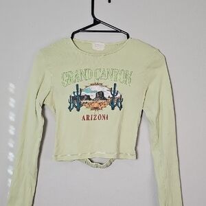 Urban Nation Size Medium Light Green Graphic Cropped Long Sleeve Open Back Top
